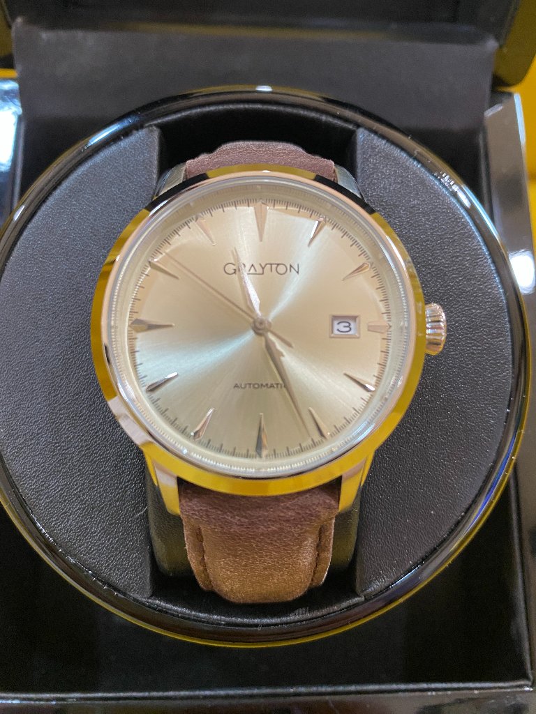 Grayton Mens Automatic Watch Champagne Dial Brown Leather Date Stainless Steel